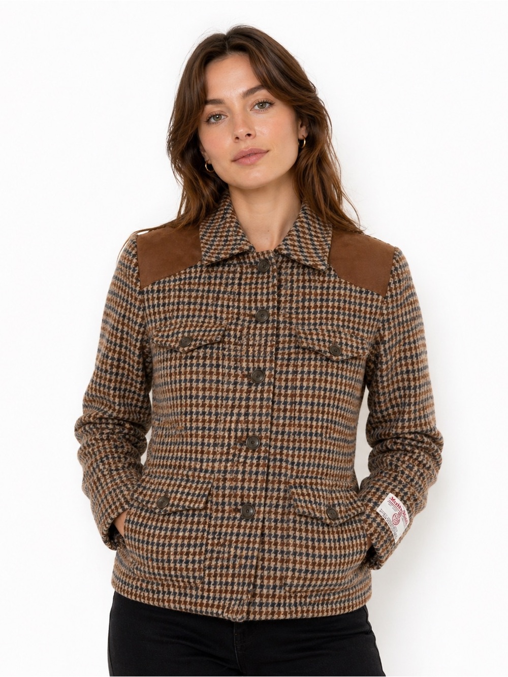 Harris Tweed Vintage 100% Wool Houndstooth Jacket with Suede Shoulders size 16
